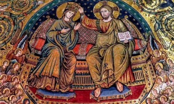 Mary sits enthroned in heaven on the right hand of Jesus Christ, who crowns her as “Queen of Heaven” in this 13th century apse mosaic in the Santa Maria Maggiore, Rome.
